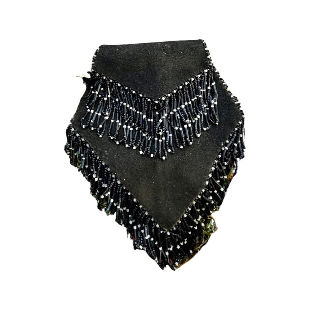 Antique Beaded Black Leather Purse, Expanding Leather Bag